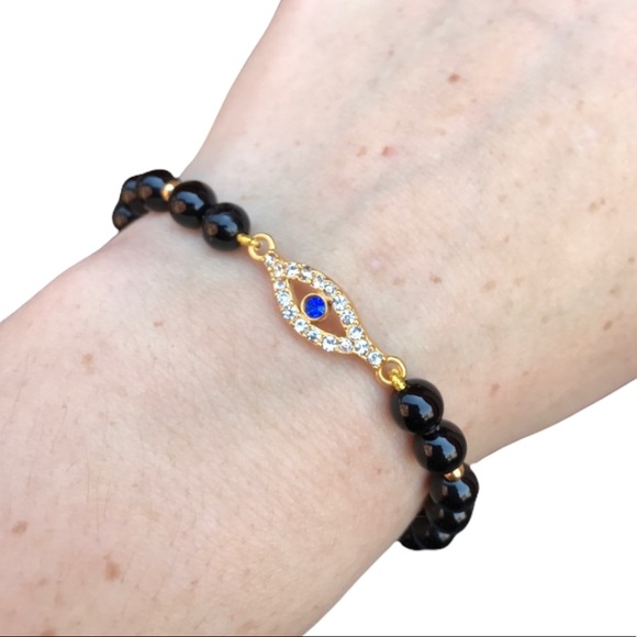 Evil Eye black agate Beaded stretch Bracelet - Picture 2 of 16